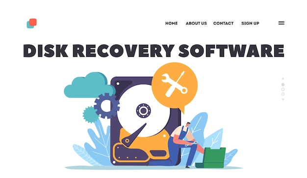 ディスク回復ソフトウェア ランディング ページ テンプレート バックアップ データ保護 ハードウェアの修理 小さな労働者 壊れた hd の修正