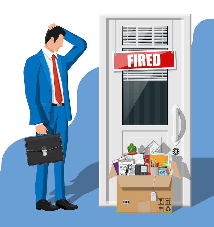 Vector dismiss employee, door with fired word plate and cardboard box with office items. hiring and recruiting. human resources management concept searching professional staff work. flat vector illustration