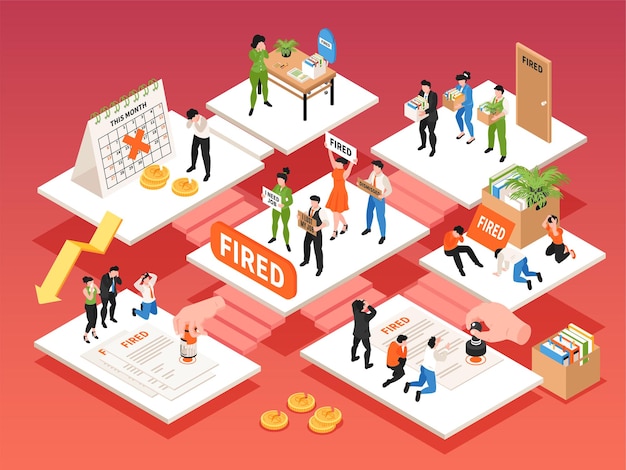 Vector dismissal composition with set of isometric platforms connected with stairs and human characters of retired workers