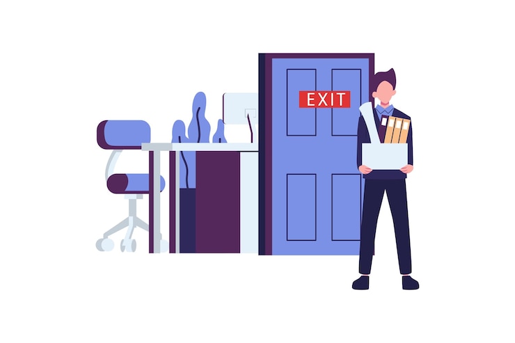 Vector dismissal employee replacement leaving from job leave office with stuff in box flat illustration