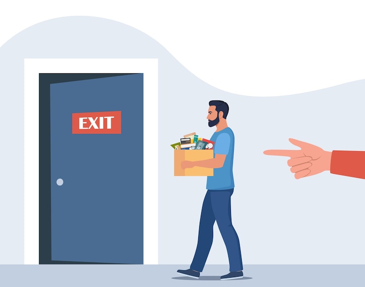 Vector dismissal employee replacement unhappy man dismissed from job leave office with stuff in box