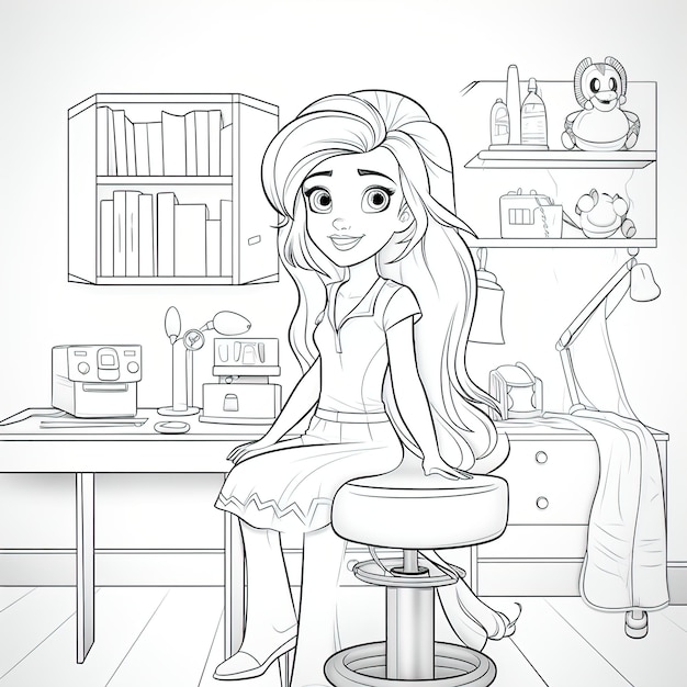 Молодая блондинка в стиле Диснея в детской цветной книге в кабинете педиатра
