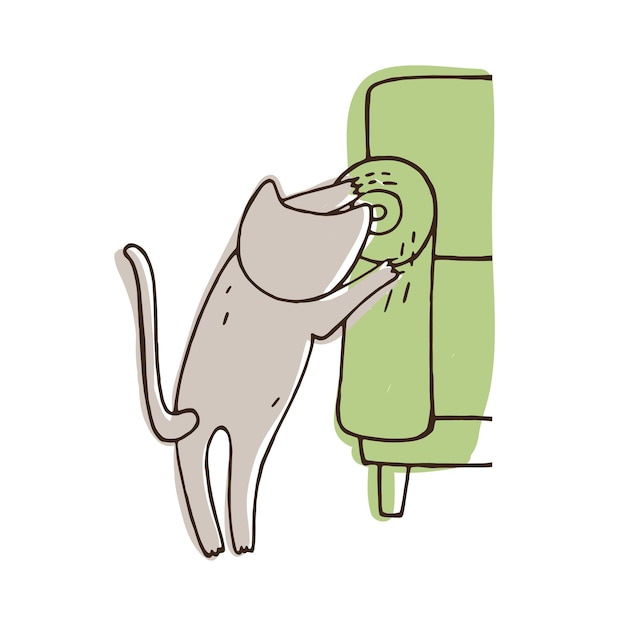 Vettore gatto disobbediente graffiare divano isolato su sfondo bianco. gattino brutto che strappa i mobili della casa con gli artigli. comportamento problematico dell'animale domestico. illustrazione vettoriale colorato in stile doodle.