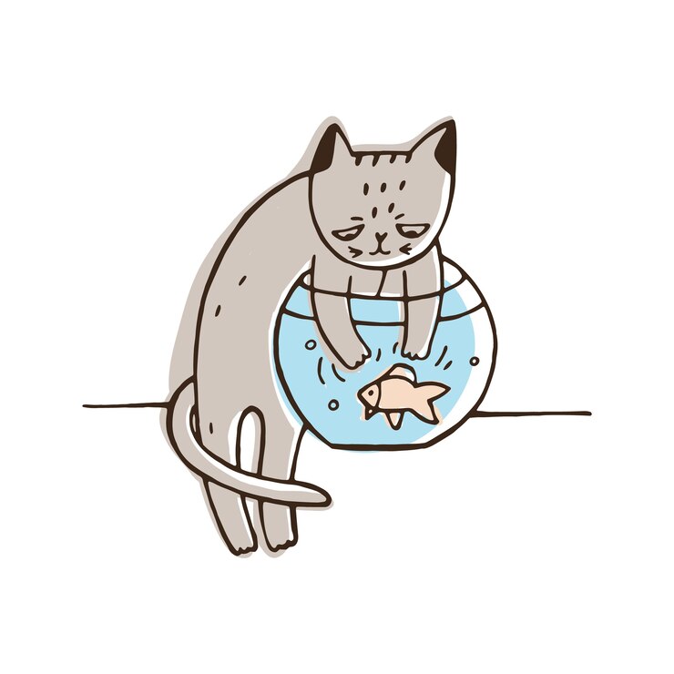 Vector disobedient cat trying to catch aquarium fish