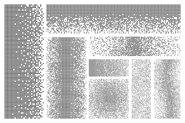 Elementi dispersi disintegrazione pixel dissolvenza effetto quadrati pixelation forme frammenti di dispersione elementi vettoriali recenti di distruzione nera piatta