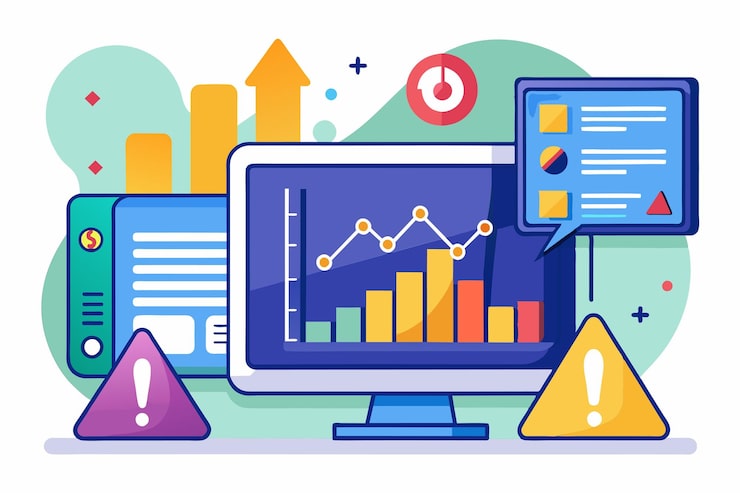 Vector display of digital analytics with warning signs indicating errors in data input processes error data input process trending