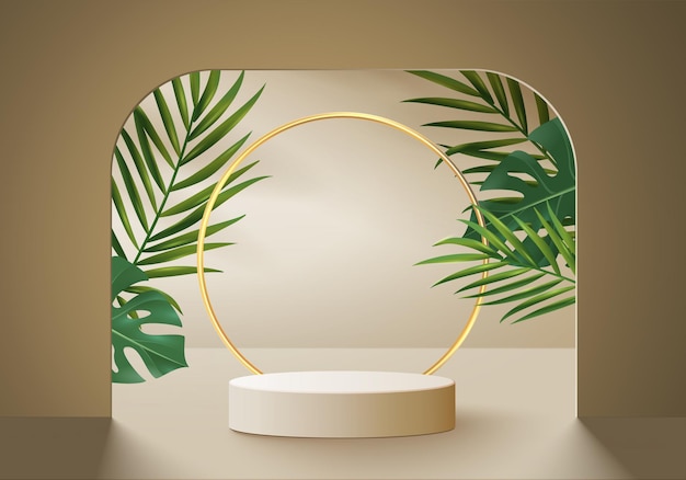 display podium scene with palm leaf geometric platform