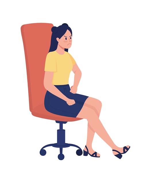 반평면 컬러 벡터 캐릭터의 의자에 앉아 있는 불쾌한 소녀. 흰색에 전신 사람입니다. 그래픽 디자인 및 애니메이션을 위한 10대 분노 격리된 현대 만화 스타일 일러스트레이션 처리