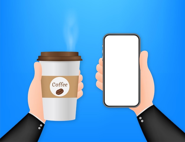 Disposable coffee cup in hand and smartphone. vector stock illustration.