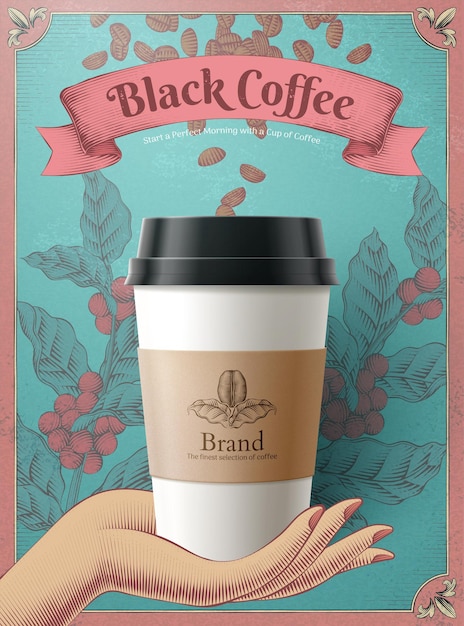 Одноразовая кофейная чашка в 3d-иллюстрации над кофейными зернами и листьями, гравюра