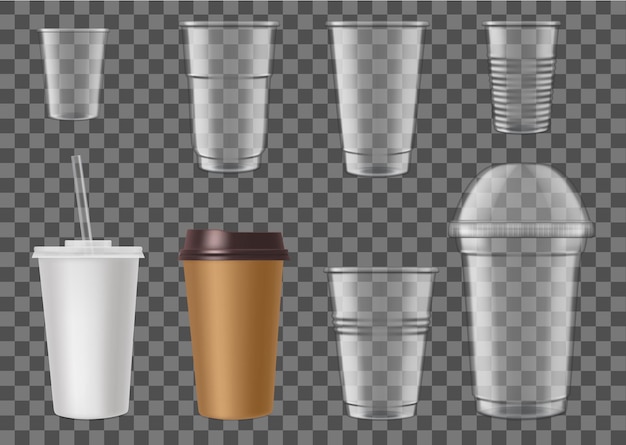 Vector disposable plastic cups for fast food cafe drinks. empty cardboard and plastic containers