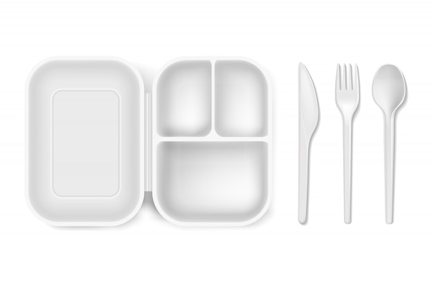 Disposable plastic spoon, fork or knife and lunch-box 