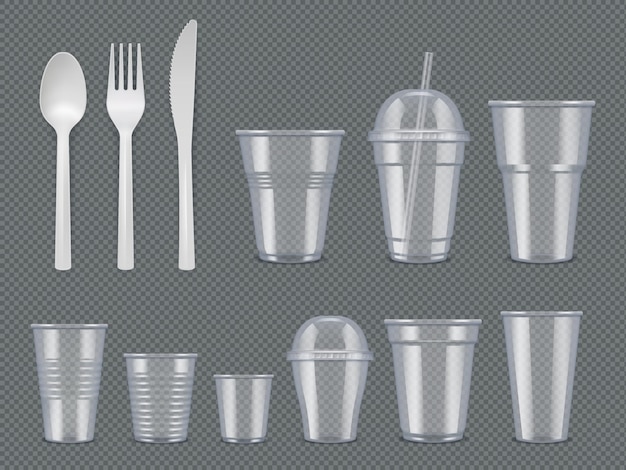 使い捨て器具。プラスチック製食器ナイフフォークスプーンガラスカップベクトル現実的なテンプレート。食器のスプーンとフォーク、カップと道具のイラスト