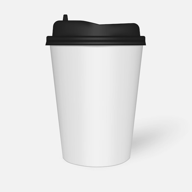 Vettore tazza da caffè monouso in carta bianca con coperchio in plastica nera - mock-up