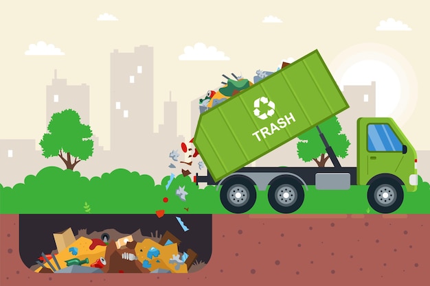 Vettore smaltimento dei rifiuti in una fossa della spazzatura. illustrazione piatta.