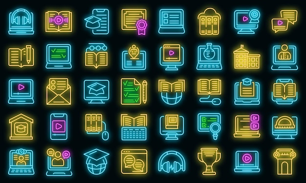 Distance education icons set vector neon