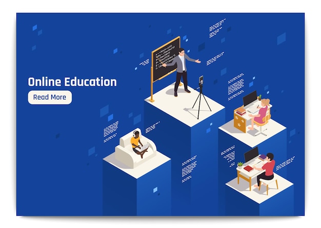 Composizione isometrica di formazione a distanza con insegnante che spiega informazioni online e studenti che studiano utilizzando i loro computer 3d