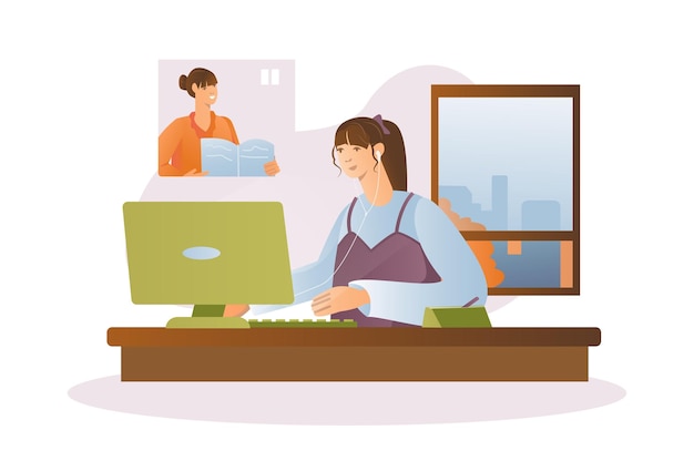 Distance learning concept with people scene in the cartoon design The girl listens to the teacher