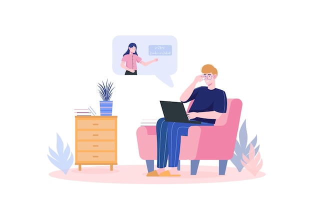 distance learning concept with people scene in flat cartoon design student listens to the teacher's