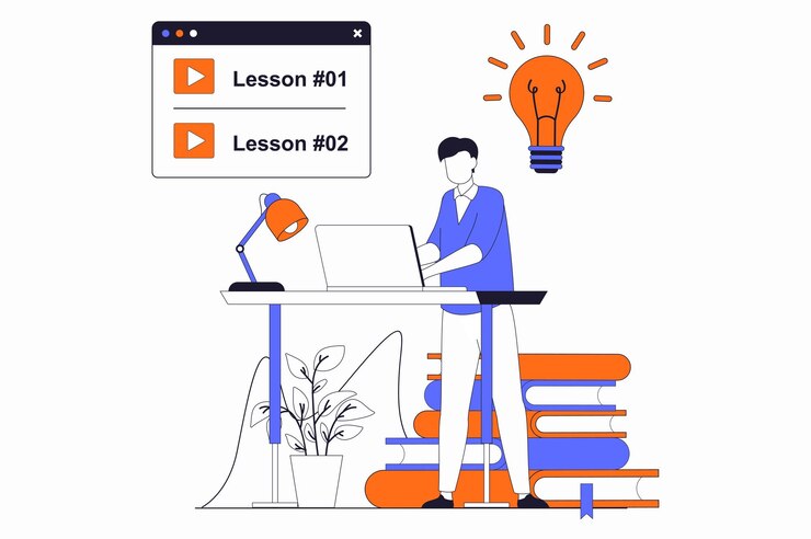 Vector distance learning concept with people scene in flat outline designx9