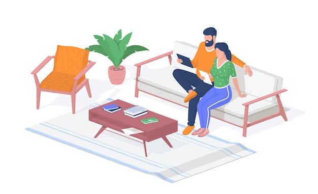 distance learning at home. girl and guy sitting couch with tablets. table with books and notes. online lectures video trainings. digital education in coronavirus pandemic. vector realistic isometry