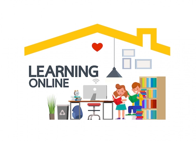 Дистанционное обучение онлайн-занятия для детей во время коронавируса. Социальное дистанцирование, самоизоляция и концепция пребывания дома. Детский векторный дизайн персонажей.