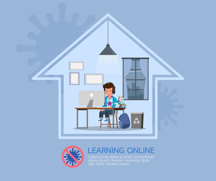 Vector distance learning online education classes for children during coronavirus. social distancing, self-isolation and stay at home concept.