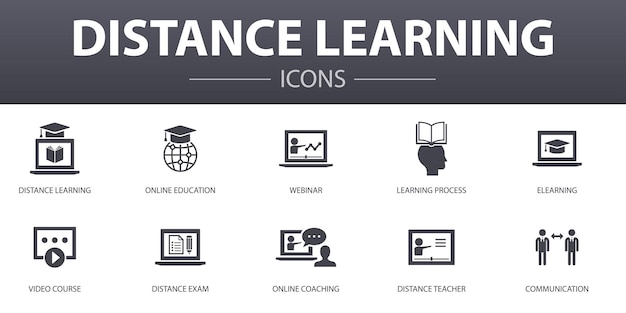 Distance Learning simple concept icons set. Contains such icons as online education, webinar, learning process, video course and more, can be used for web, logo, UI/UX