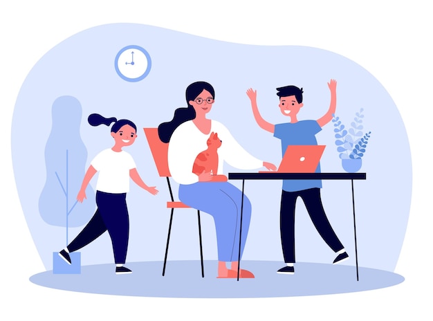 Vector distance work of busy young mother and playing kids. woman sitting with cat at workplace, working with laptop flat vector illustration. freelance concept for banner, website design or landing web page