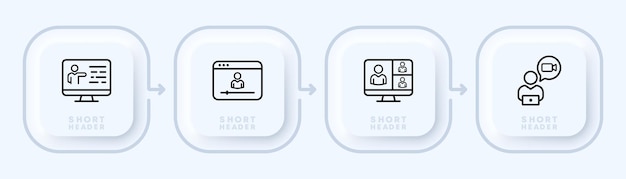 距離作業セットアイコンコンピュータープラットフォームマイク従業員チームリモート会社カメラウェブサイトクライアントジョブビジネスコンセプトネオモルフィズムスタイルビジネスと広告のベクトル線アイコン