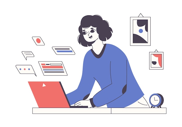 Lavoratore creativo a distanza progettista web femminile freelance o ingegnere informatico che lavora a distanza con il computer illustrazione vettoriale piatta persona freelance che lavora da casa