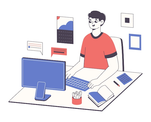 Дистанционный фрилансер Мужской персонаж работает с компьютером фрилансер во время рабочего процесса плоская векторная иллюстрация Дистанционный офисный работник.