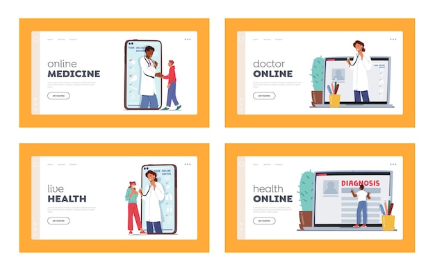 Distant Online Medicine Consultation Landing Page Template Set. Doctors Communicating with Sick Patients through Computer and Mobile Phone Screen from Hospital Cabinet. Cartoon Vector Illustration