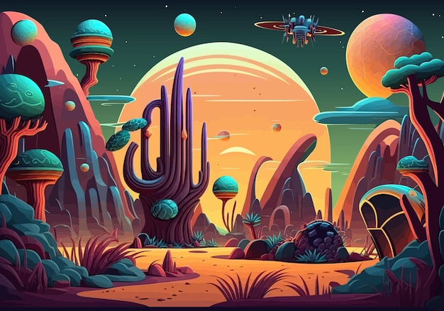 Vettore pianeta lontano fantasia colori brillanti generativo ai galassia nuovo mondo futuro deserto pietra cielo alieni astrazione piante insolite concept art fantasia concetto illustrazione vettoriale