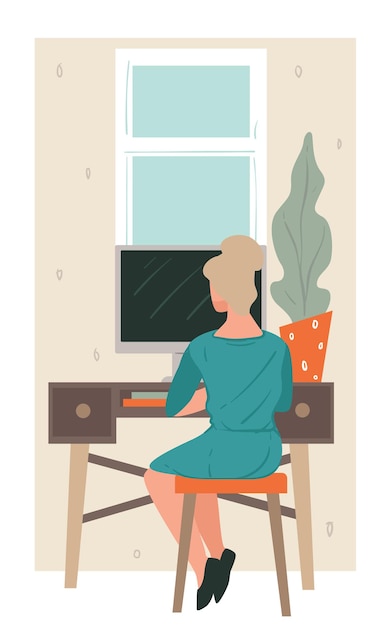 Вектор Удаленный работник, использующий компьютер для работы из дома, внештатная женщина с ноутбуком, сидящая за столом