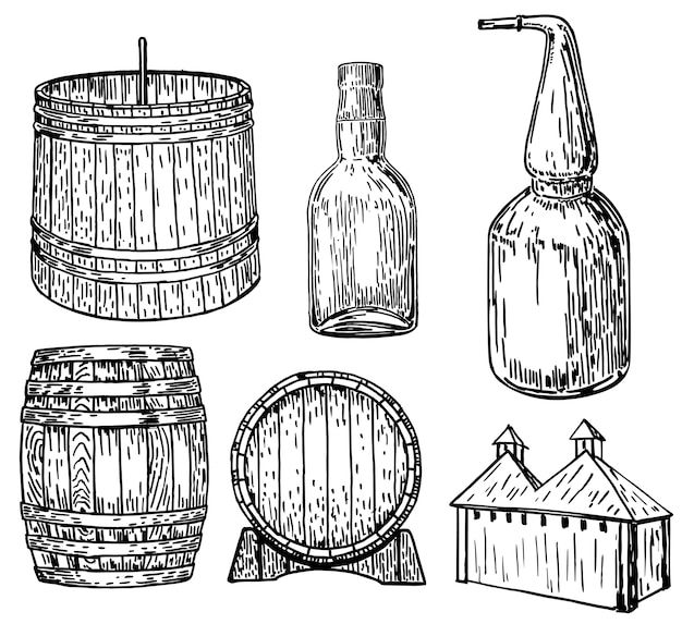 Distillery set hand drawn