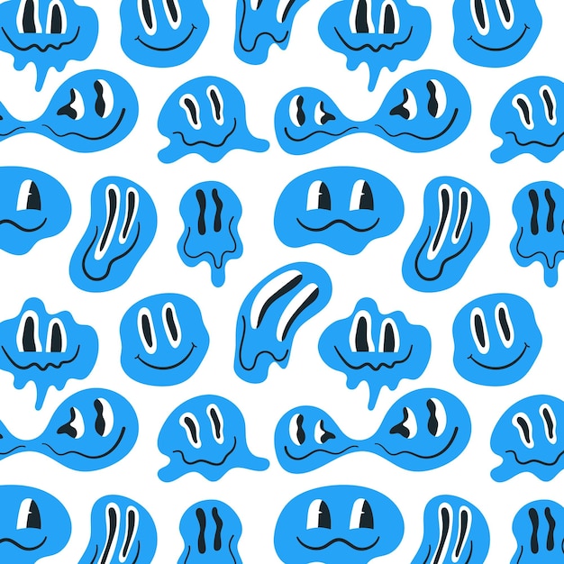 Distorted happy blue smiles seamless patternFunny unreal psychedelic emoticons faces Trippy design