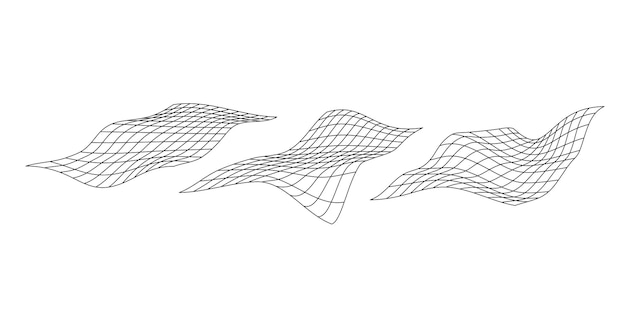 Distorted perspective grid set. Glitch rectangle plane collection. Wavy futuristic elements