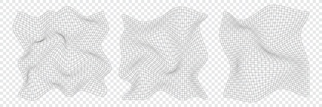 Vector distorted square grid warped mesh texture retro punk design elements wireframe wave geometry grid curved mesh elements vector illustration