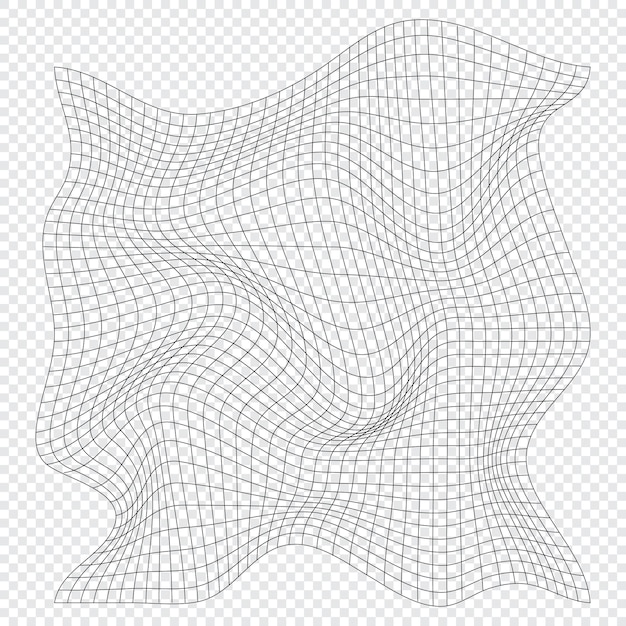 Distorted square grid wireframe wave geometry grid warped mesh texture curved mesh elements vector illustration