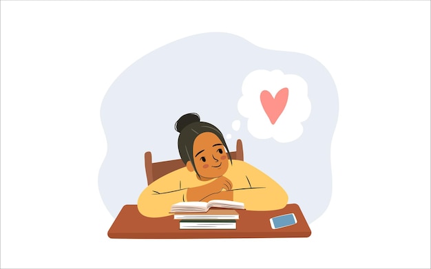 Vector distracted student girl with books young afro american woman is thinking about love while studying