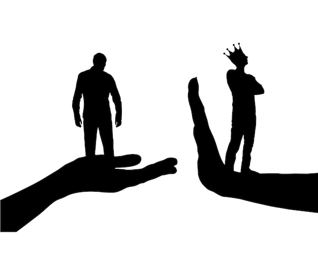 A distressed man on a begging hand and an arrogant man with a crown standing on the stop hand Vector Silhouette