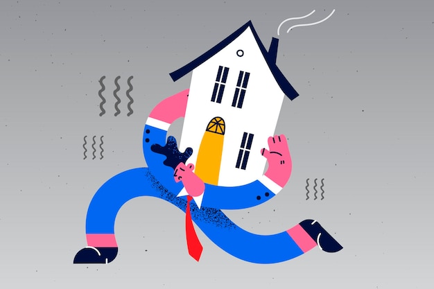 Distressed man carry house on back tightened by credit or bank loan burden. Unhappy male hold home tied by financial mortgage, need pay taxes expenses. Lease, finance concept. Vector illustration.