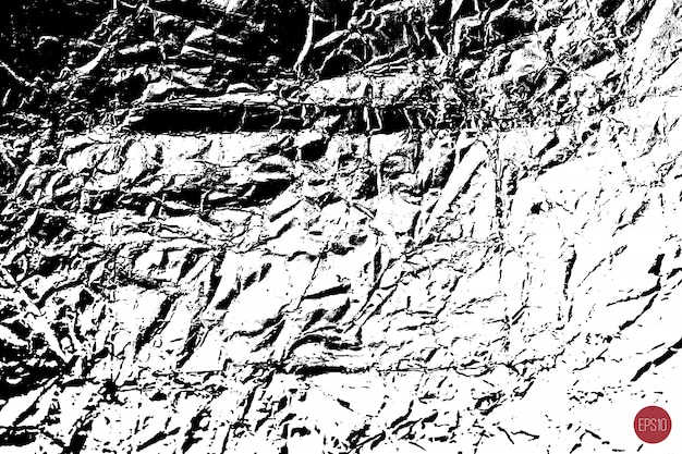 Distressed overlay texture of rough surface, crumpled foil, cracks and creases. Grunge background. One color graphic resource.