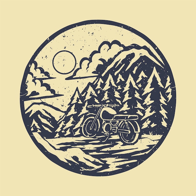 Distressed stamp illustration of motorcycle in the forest