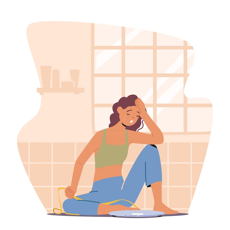 Vector distressed woman measuring herself in the bathroom sitting near the scales female character visibly upset