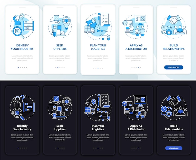 Distributie zakelijke stappen onboarding paginascherm voor mobiele apps. Opstart walkthrough 5 stappen grafische instructies met concepten. UI, UX, GUI vectorsjabloon met lineaire nacht- en dagmodusillustraties