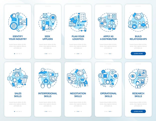 Distribution business startup tips onboarding mobile app page screen set. strategy walkthrough 5 steps graphic instructions with concepts. ui, ux, gui vector template with linear color illustrations