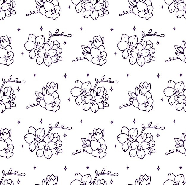 Dit is een naadloos patroon met violette bloemen. De doodle-achtergrondlijnkunstdruk is een vectorillustratie