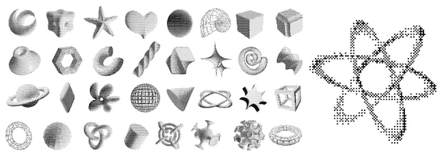 dithering pixel art 3d shapes geometric and organic forms and figures with pixelated shading dotted texture abstract elements vector set